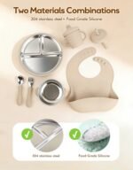 طقم تغذية للأطفال من السيليكون والفولاذ المقاوم للصدأ - طبق شفط + وعاء + مريلة - Image 5