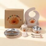 طقم تغذية للأطفال من السيليكون والفولاذ المقاوم للصدأ - طبق شفط + وعاء + مريلة